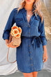 Febedress Rolled Up Long Sleeves Tie Waist Denim Shirt Dress