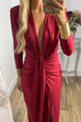 Febedress Deep V Neck Ruched Slit Maxi Bodycon Dress