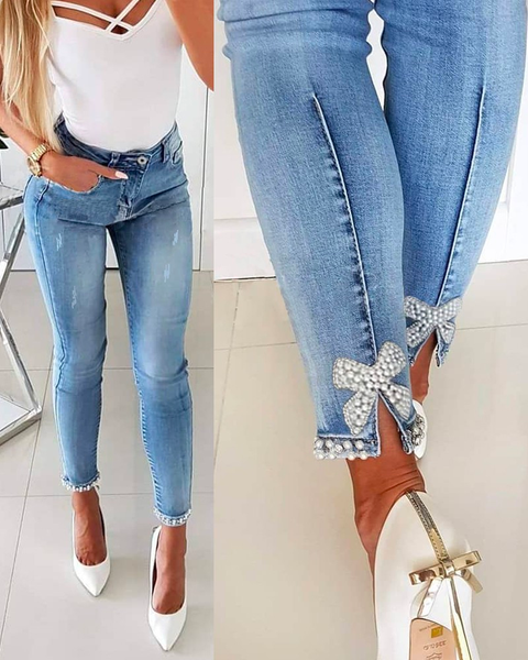 Febedress Bow Knot Pearl Beaded Pencil Denim Pants