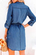 Febedress Rolled Up Long Sleeves Tie Waist Denim Shirt Dress