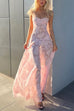 Febedress Spaghetti Strap Back Lace-up Applique Flower Lace Maxi Dress