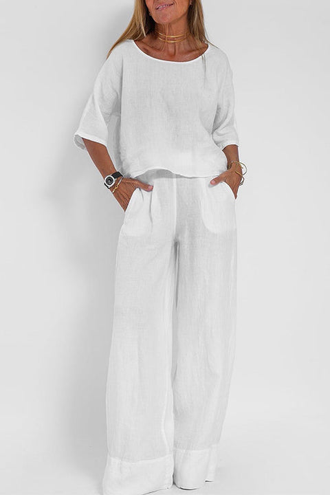 Febedress Round Neck 3/4 Sleeves Pullovers Wide Leg Pants Cotton Linen Set