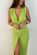 Febedress Deep V Neck Backless Ruched Twist Front Slit Maxi Dress