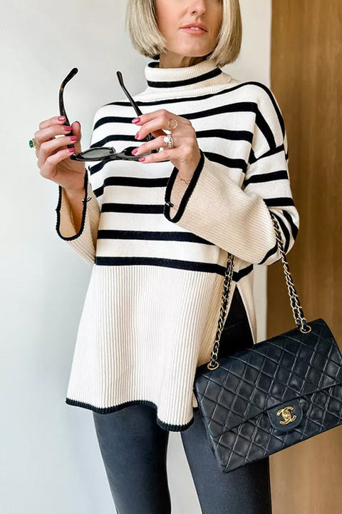 Febedress Turtleneck Side Split Striped Sweater